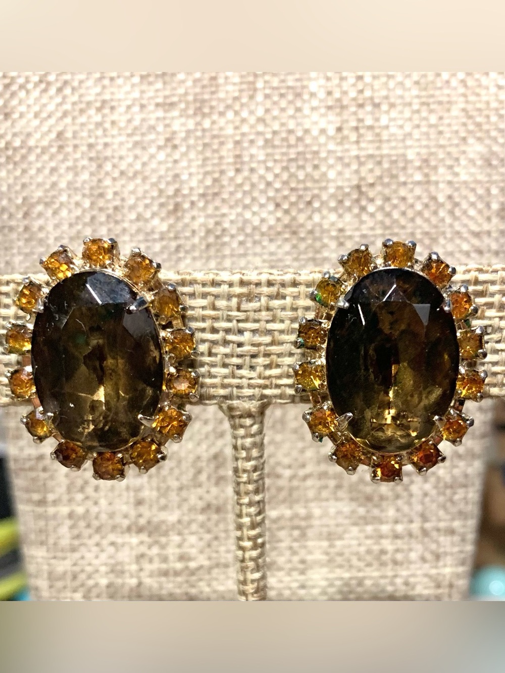 Oval Glass Smoky Topaz Halo Clip Earrings - Picture 2 of 4